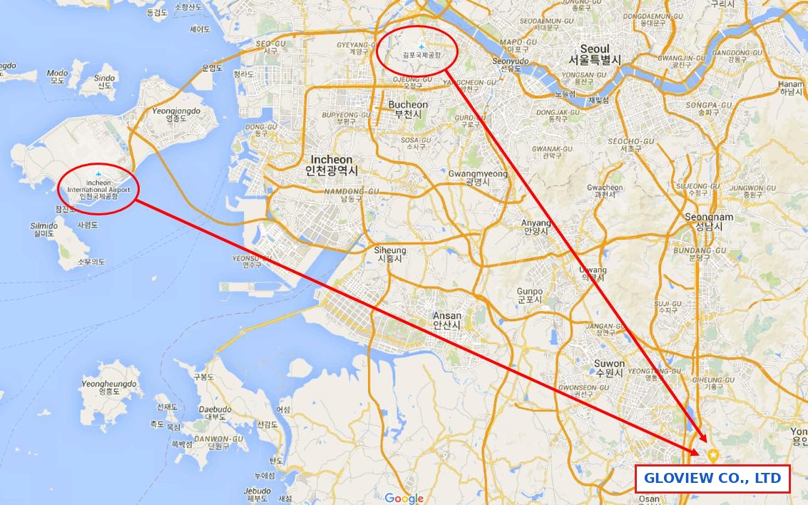Google map of the Seoul metropolitan area showing the GLOVIEW office in Dongtan, with Incheon and Gimpo airports marked